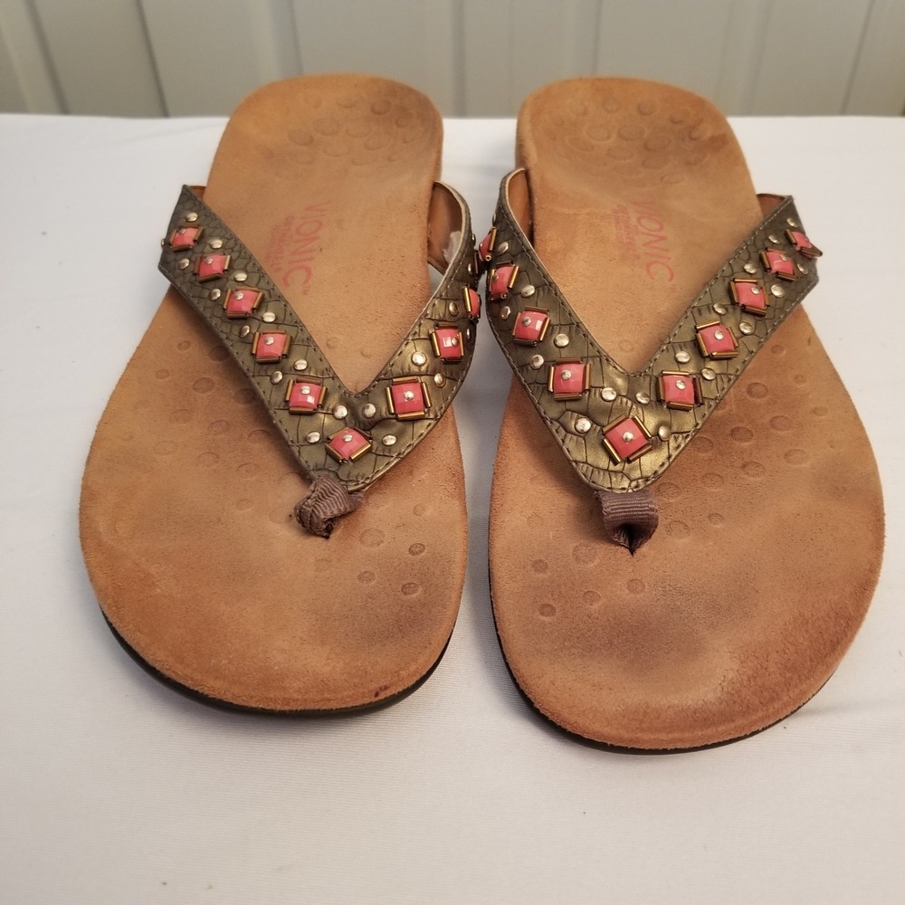 Vionic Orthaheel Bronze Pink Studded Thong Sandals Women Sz10 Orthotic Flip Flop - Picture 1 of 7